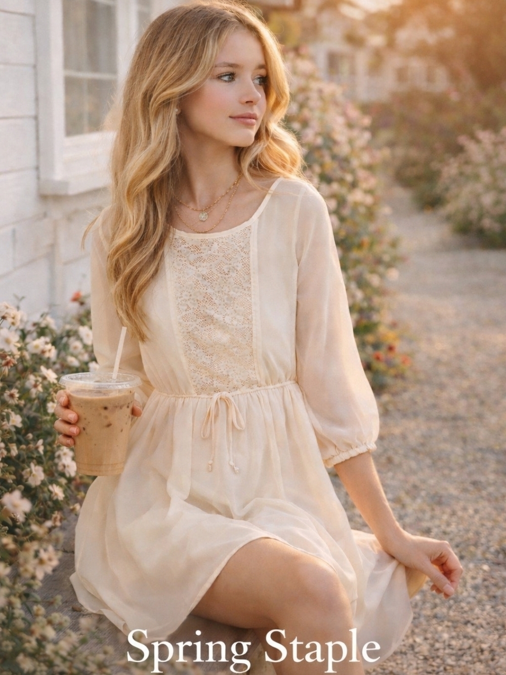 Girls Large Cream Lace Babydoll Dress Sheer Sleeve Spring Easter Party